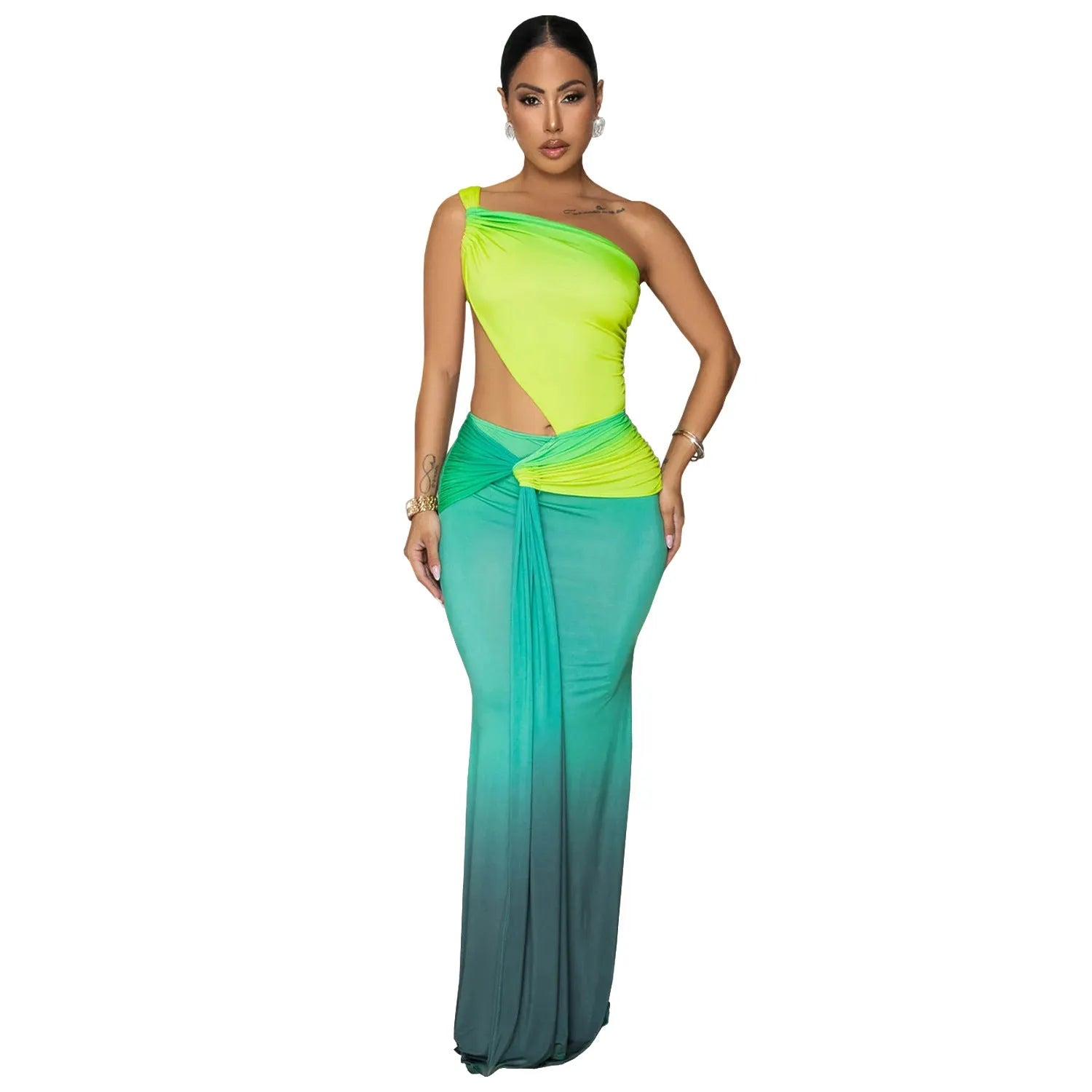 Long red gradient women's dress with cross-shoulder sleeveless neckline and high waist.