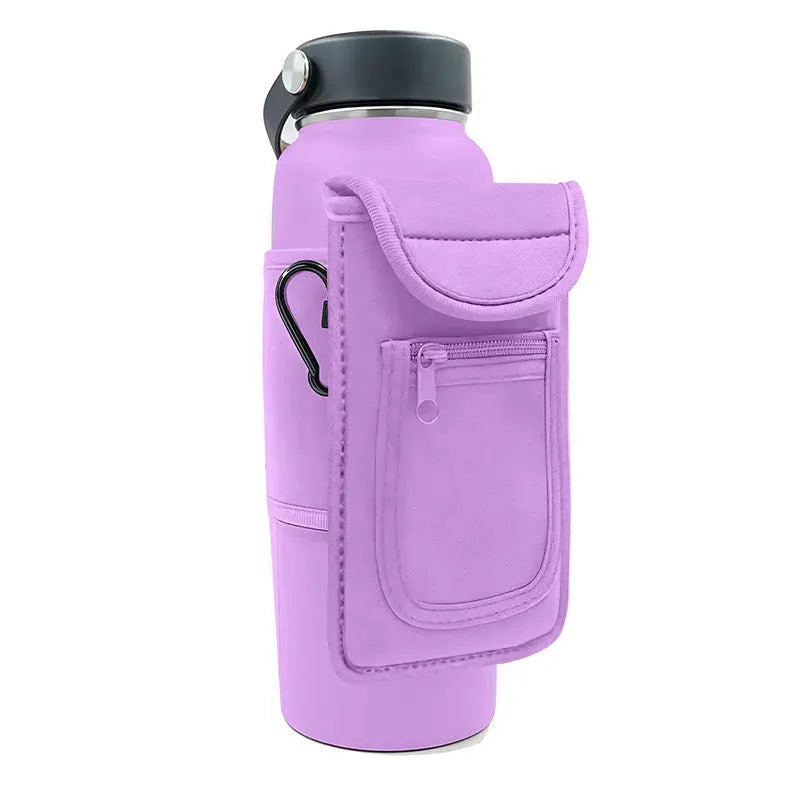Fitness magnetic water bottle sleeve in black with a carabiner clip, shown on a sports bag.