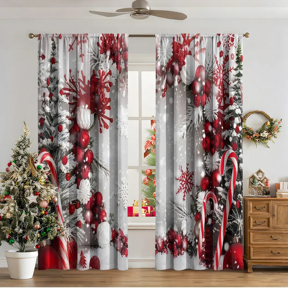 Pair of 3D digitally printed Christmas curtains in a modern design, made from polyester fabric.