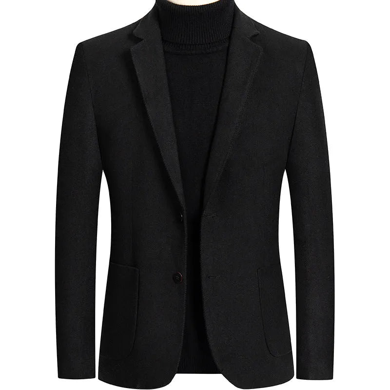 Men's slim-fit grey wool suit jacket with a notch lapel, shown on a hanger.