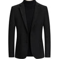 Men's slim-fit grey wool suit jacket with a notch lapel, shown on a hanger.