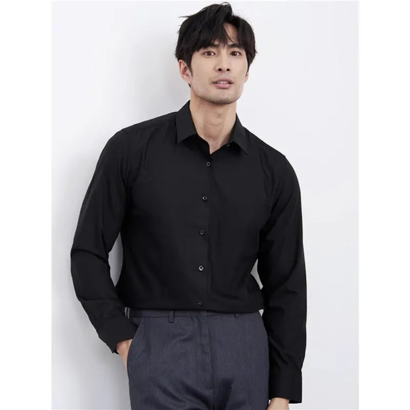 Wine red men's slim-fit long sleeve shirt with cardigan style, on a hanger.