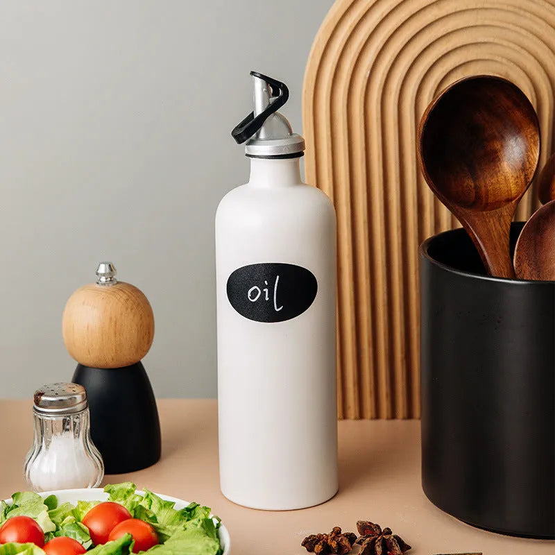 Ceramic kitchen oil pot with removable funnel and integrated brush holder in three colour options