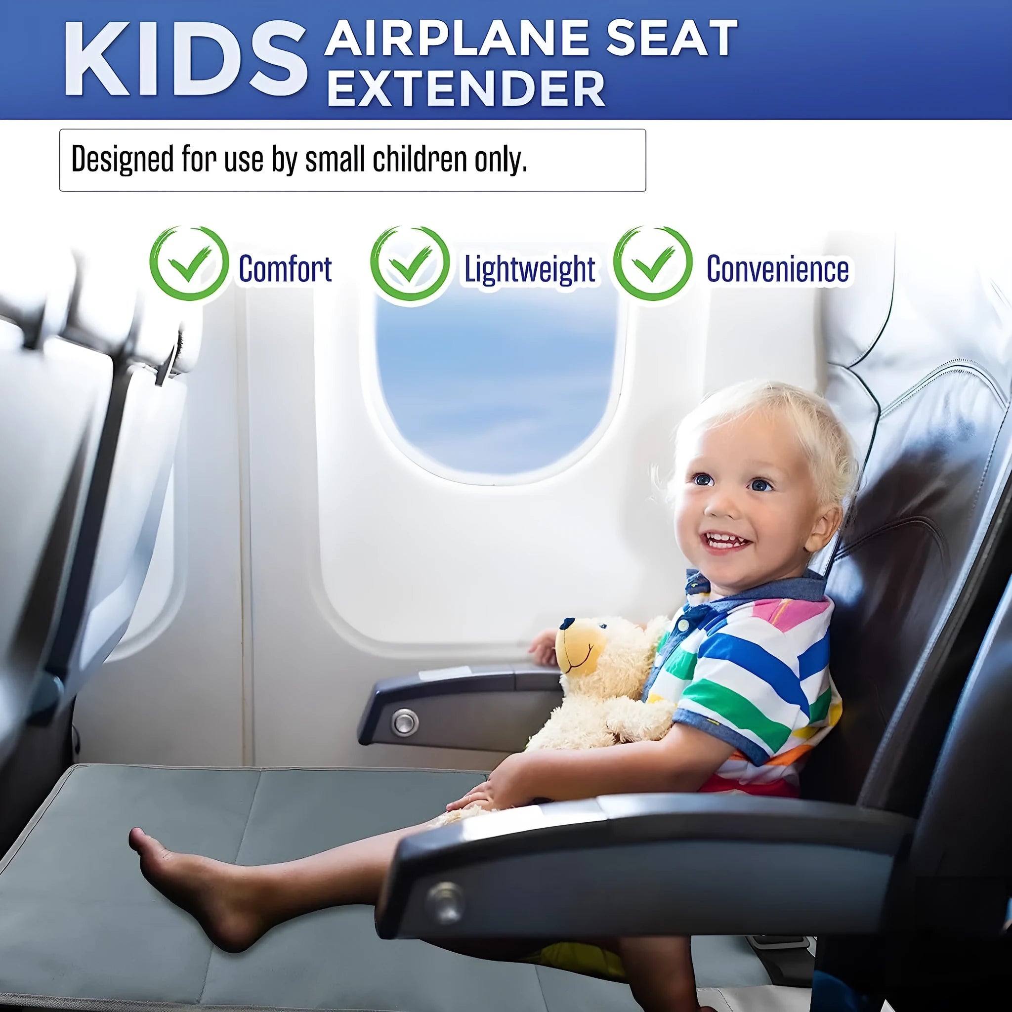 Portable children's aircraft seat extender in blue with adjustable bundle pocket