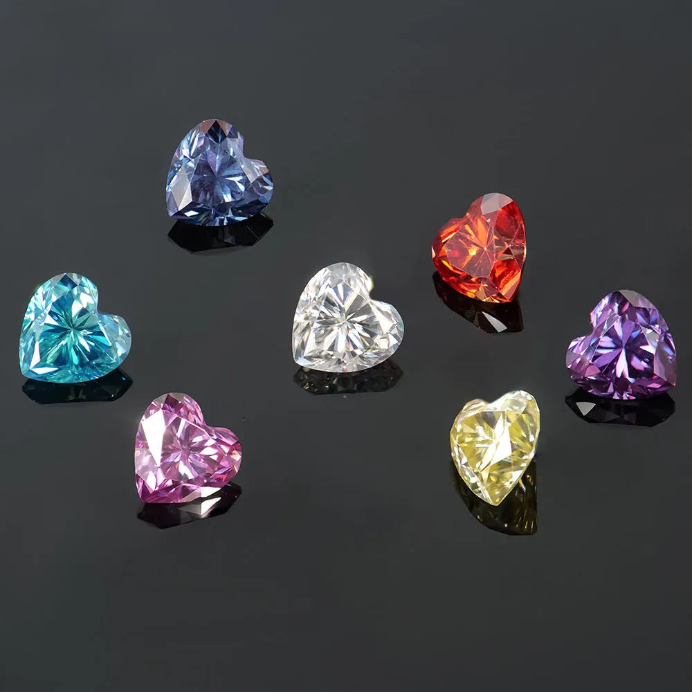 Heart-shaped moissanite gemstone in lemon yellow colour showing six size options