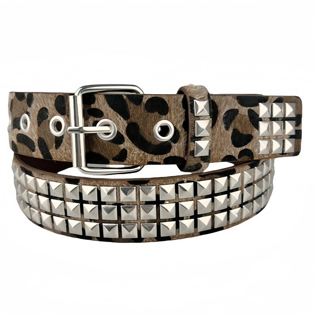 Women's punk style belt with decorative metal rivets on PU leather in animal print pattern with alloy buckle