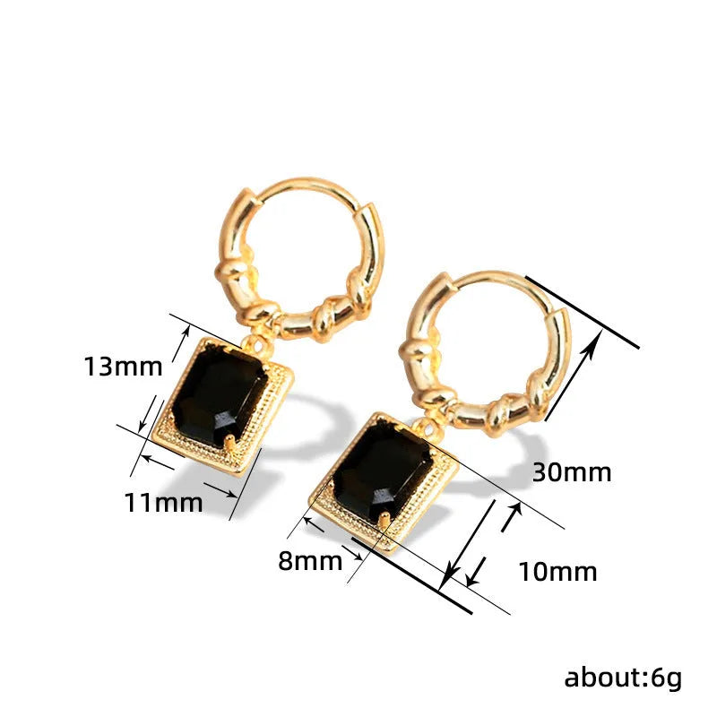 Geometric quadrilateral black zircon drop earrings in copper with a French court retro style.
