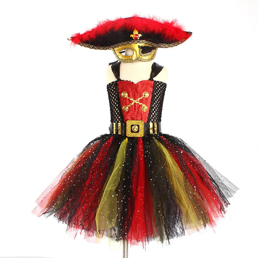 Girls sleeveless pirate costume dress with sequin and lace detailing for Halloween