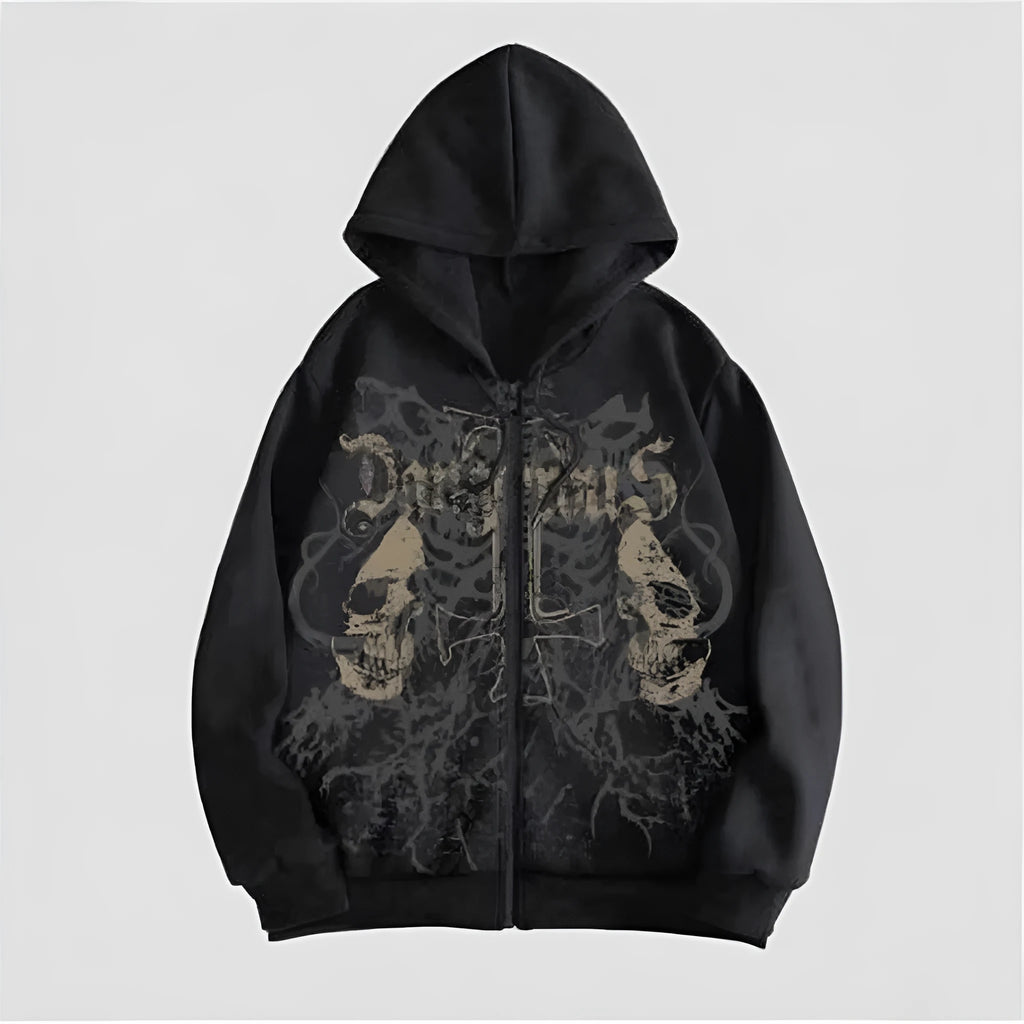 Men's black hooded sweatshirt with skull print hot stamping decoration and Harajuku styling