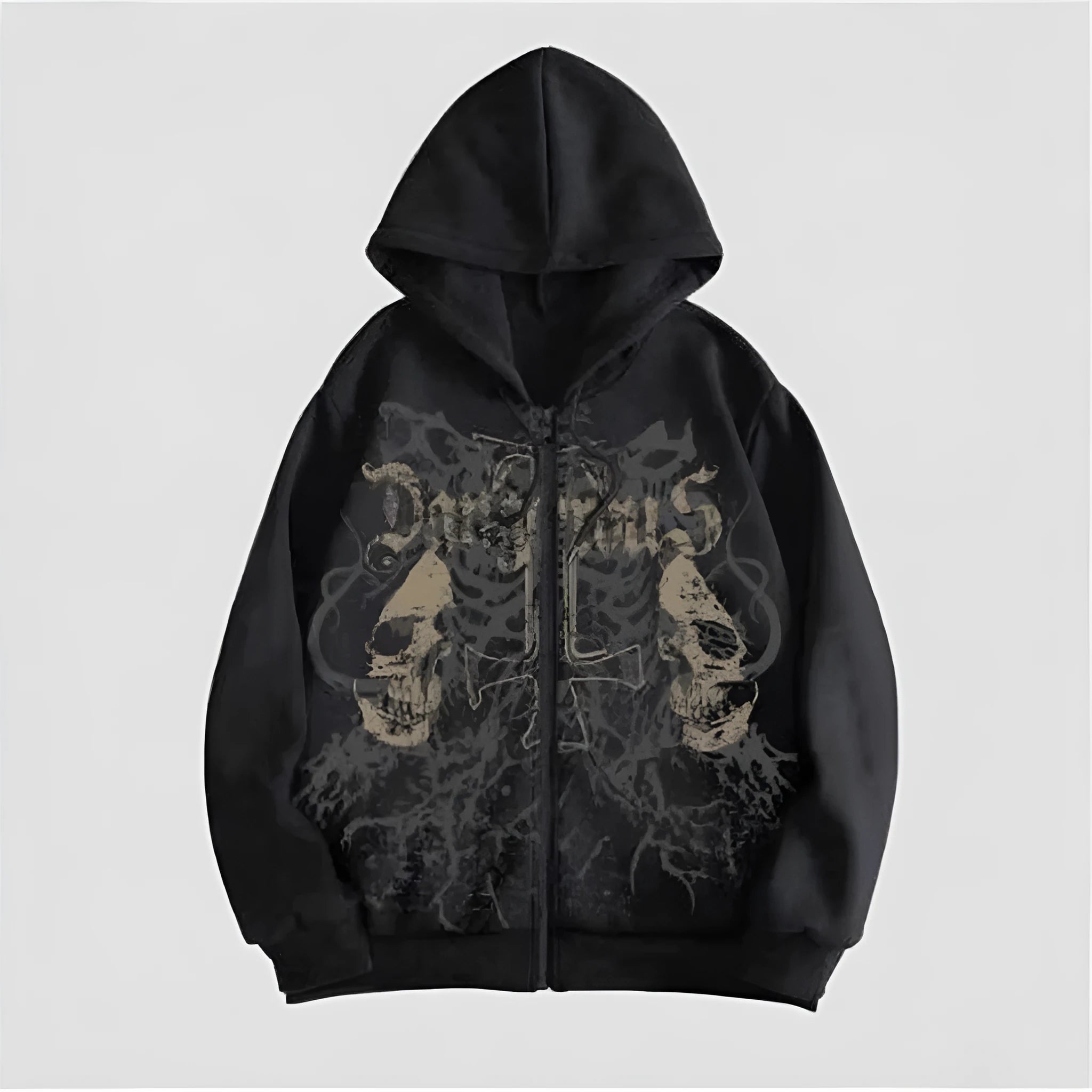 Men's black hooded sweatshirt with skull print hot stamping decoration and Harajuku styling