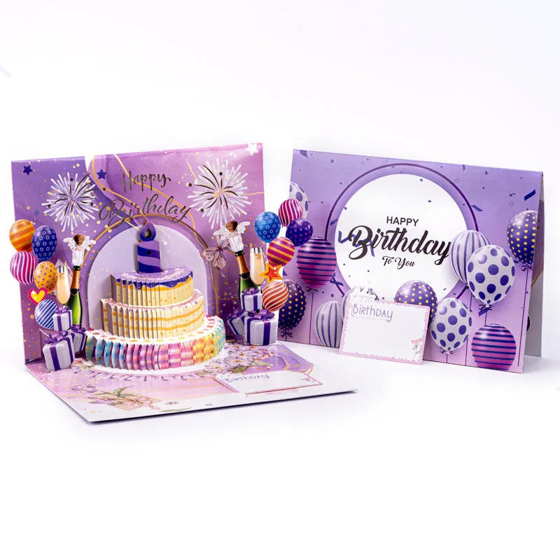Open 3D cake greeting card with Chinese ink style artwork, showing its manually folded paper construction.