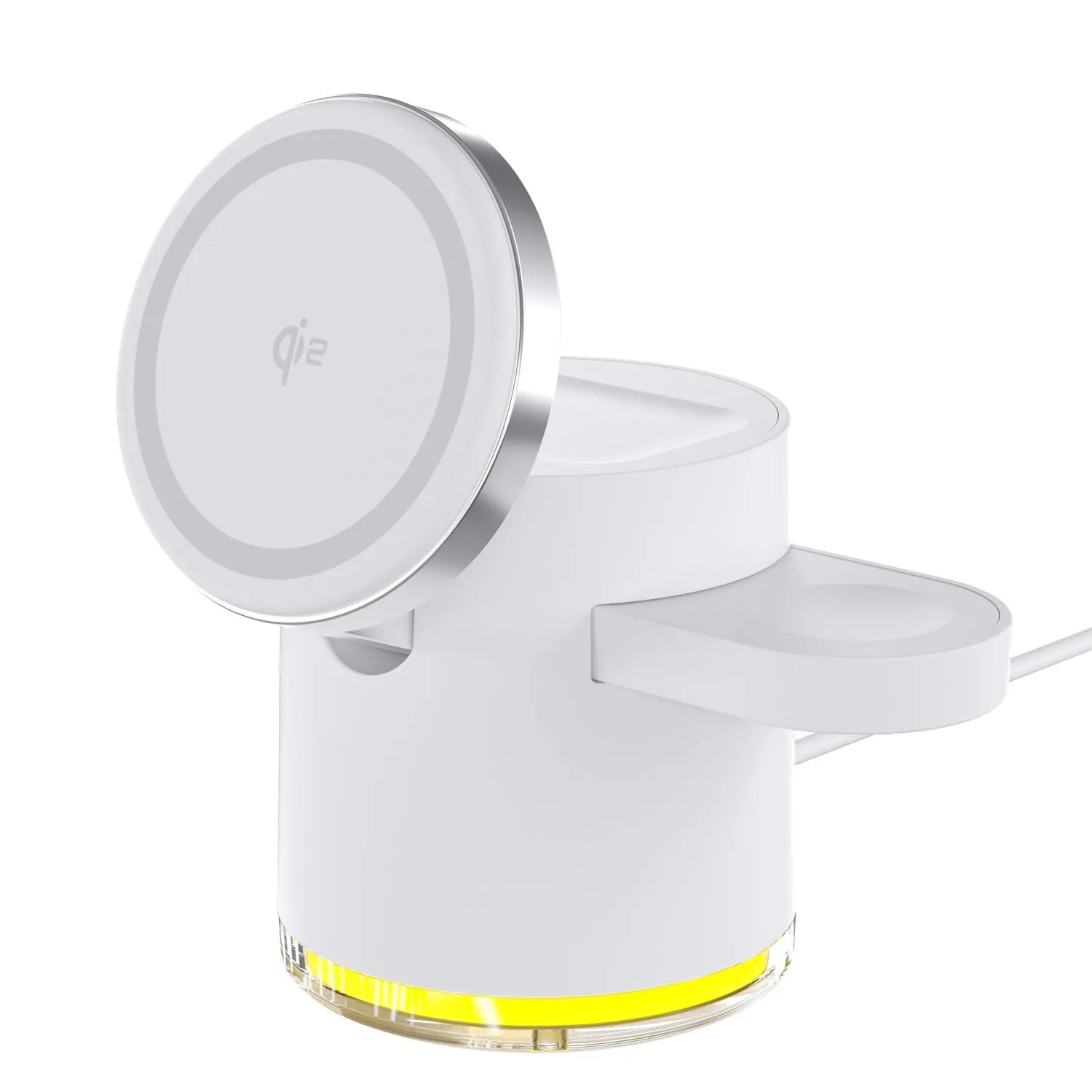 C16 portable magnetic three-in-one wireless folding charger in black or ivory white showing phone, watch and earbuds charging simultaneously
