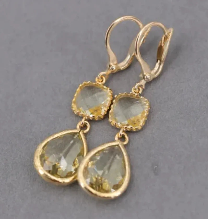 Gold geometric long fringe earrings with water droplet crystals in retro European-American style