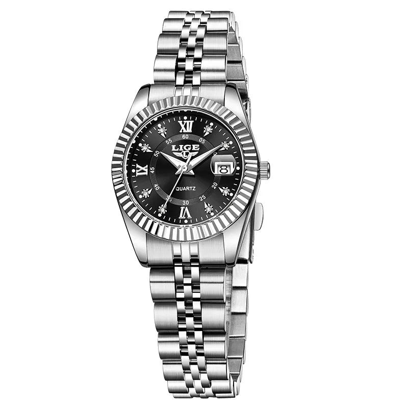 Slim gold and silver waterproof quartz fashion watch for women on a wrist, showing 10mm thickness.