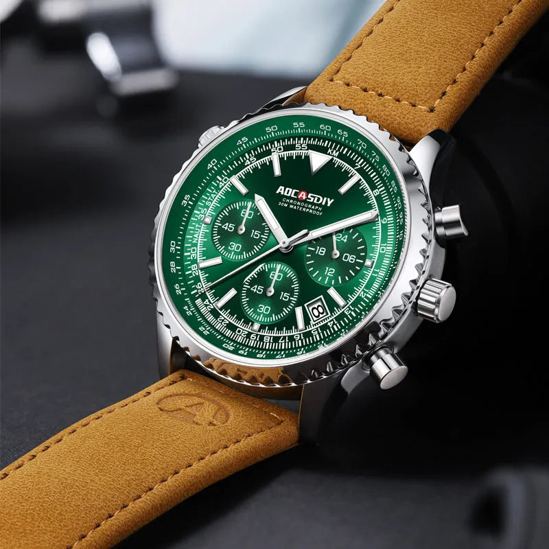 Men's quartz watch, 14mm thick, waterproof and luminous, silver or gold case with green, blue, or white surface