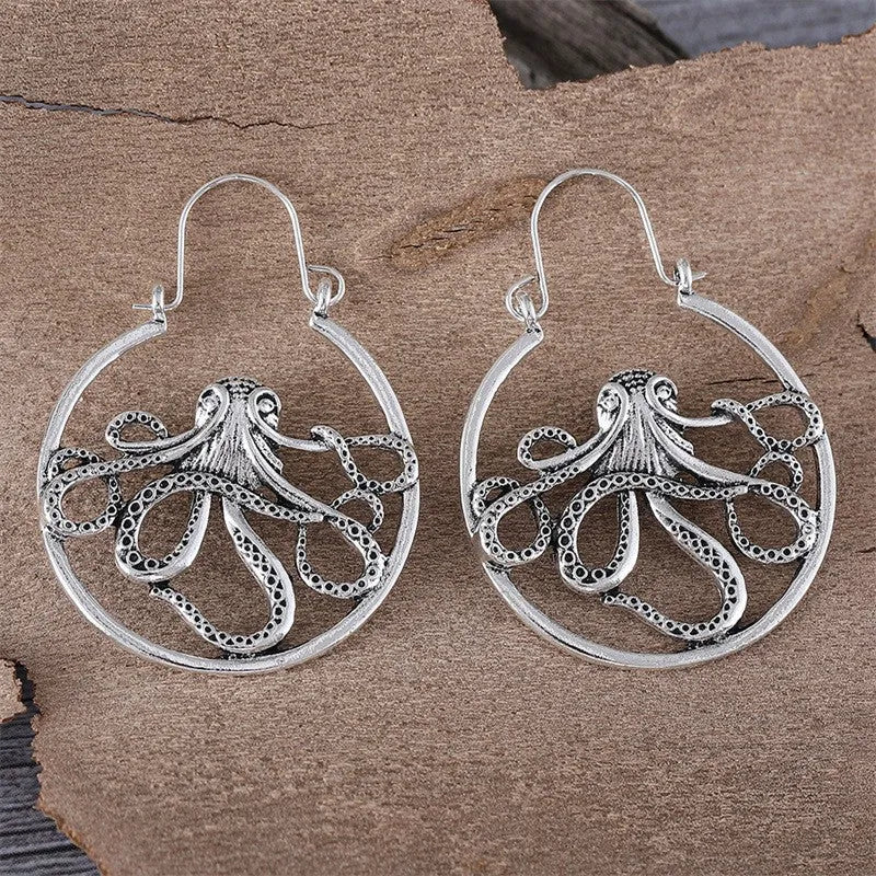 Vintage octopus earrings in antique silver finish with retro animal design