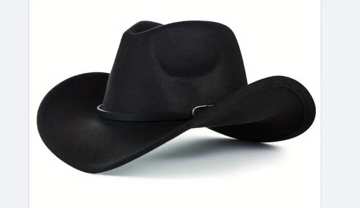 Brown leather velvet cowboy hat with curved brim and conical crown on a wooden post.