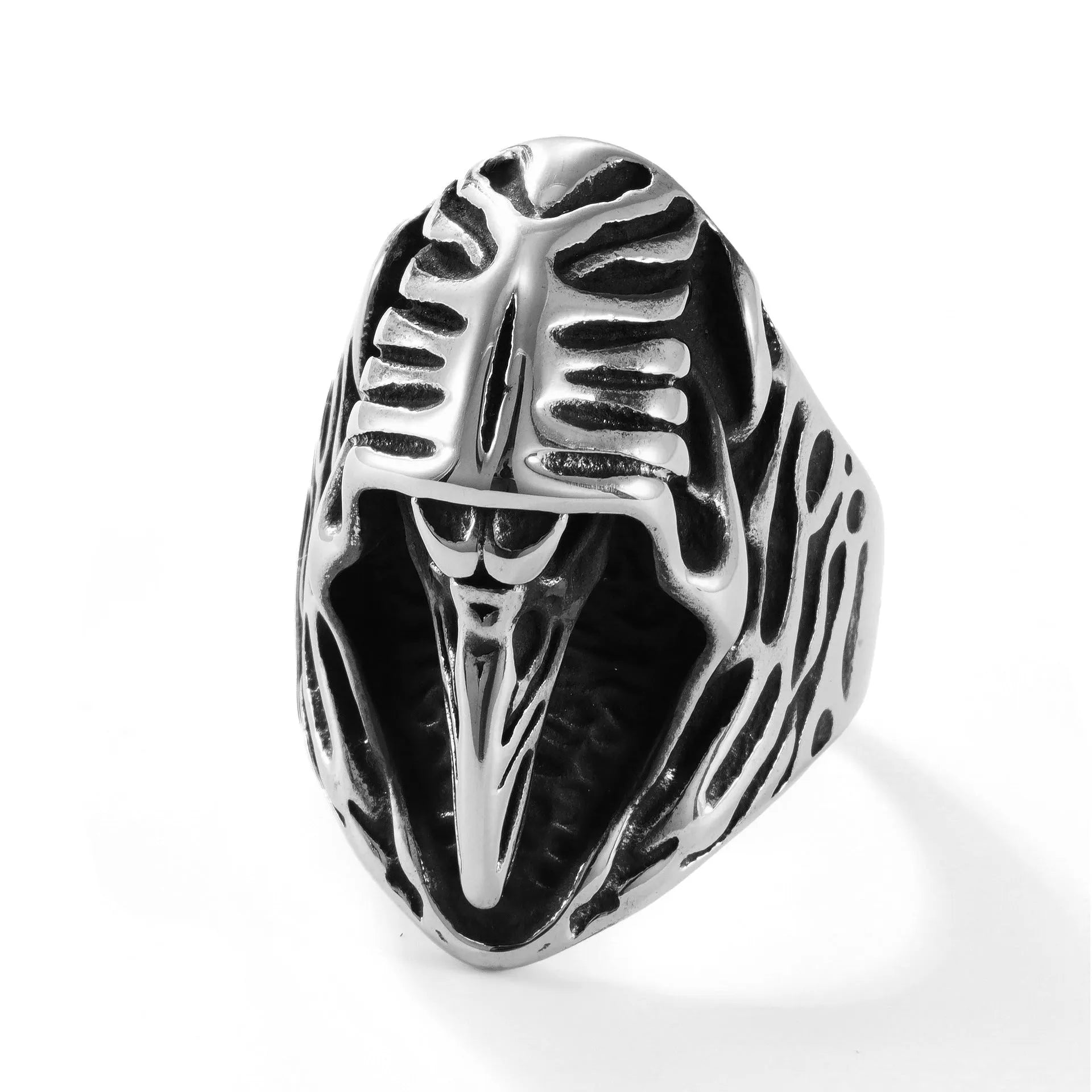 Titanium steel crow punk ring with geometric animal motif in MR166 colour