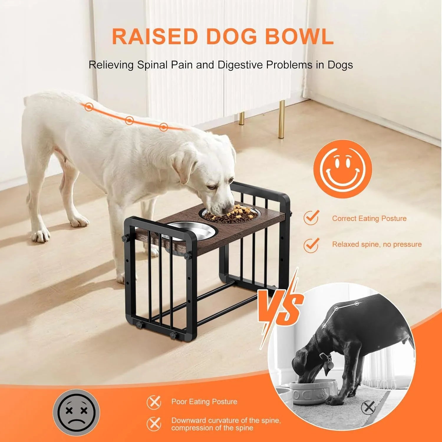 Black wooden dog bowl bracket on a floor holding food and water bowls
