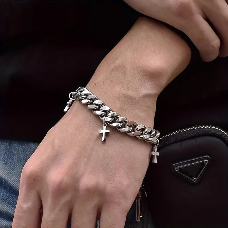 Men's geometric titanium steel bracelet featuring cross design with cold wind style