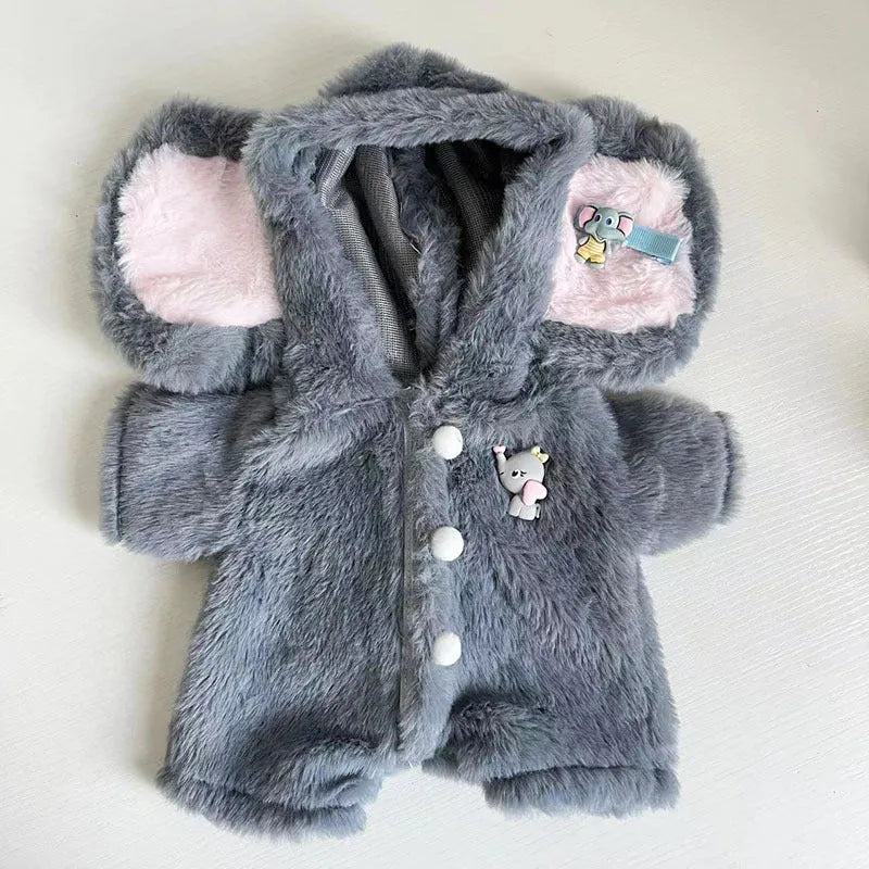 Grey elephant-print plush jumpsuit for a 30cm doll, shown as a one-piece suit.