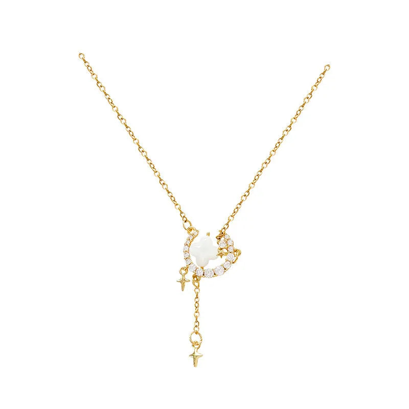 Women's romantic star moon zirconium necklace on adjustable copper clavicle chain in gold colour