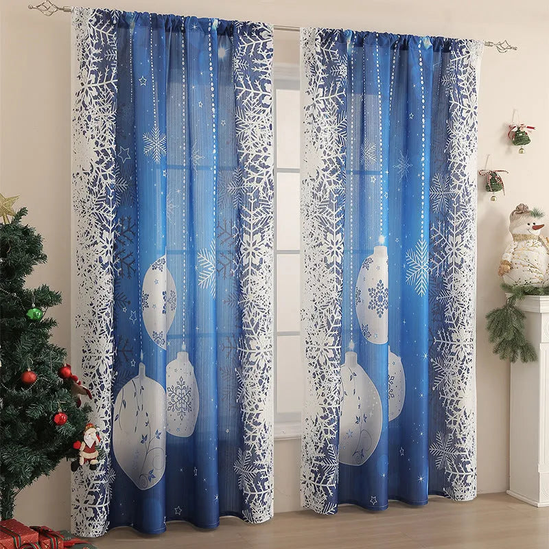 Rectangular red and blue Christmas printed curtain with semi-shade function.