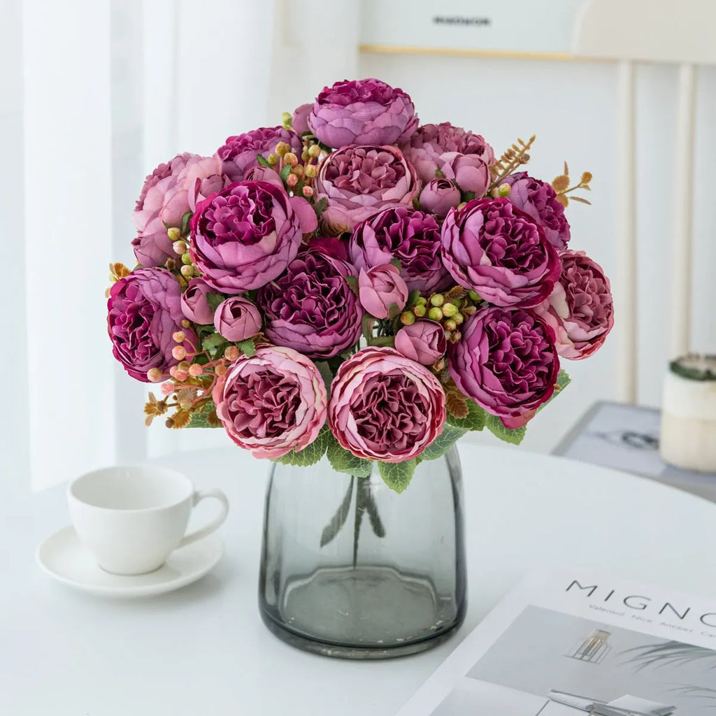 Artificial silk peony flower bouquet in Champagne gold and Sand Red terracotta colours for home decoration.