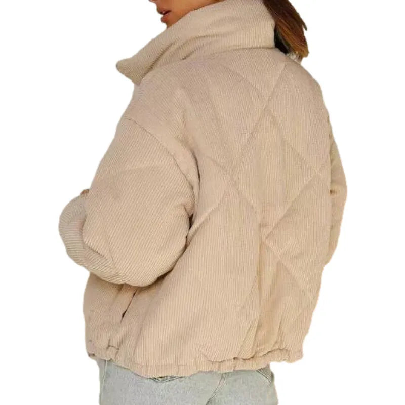 Apricot coloured women's corduroy jacket with a stand collar and zip-up front.
