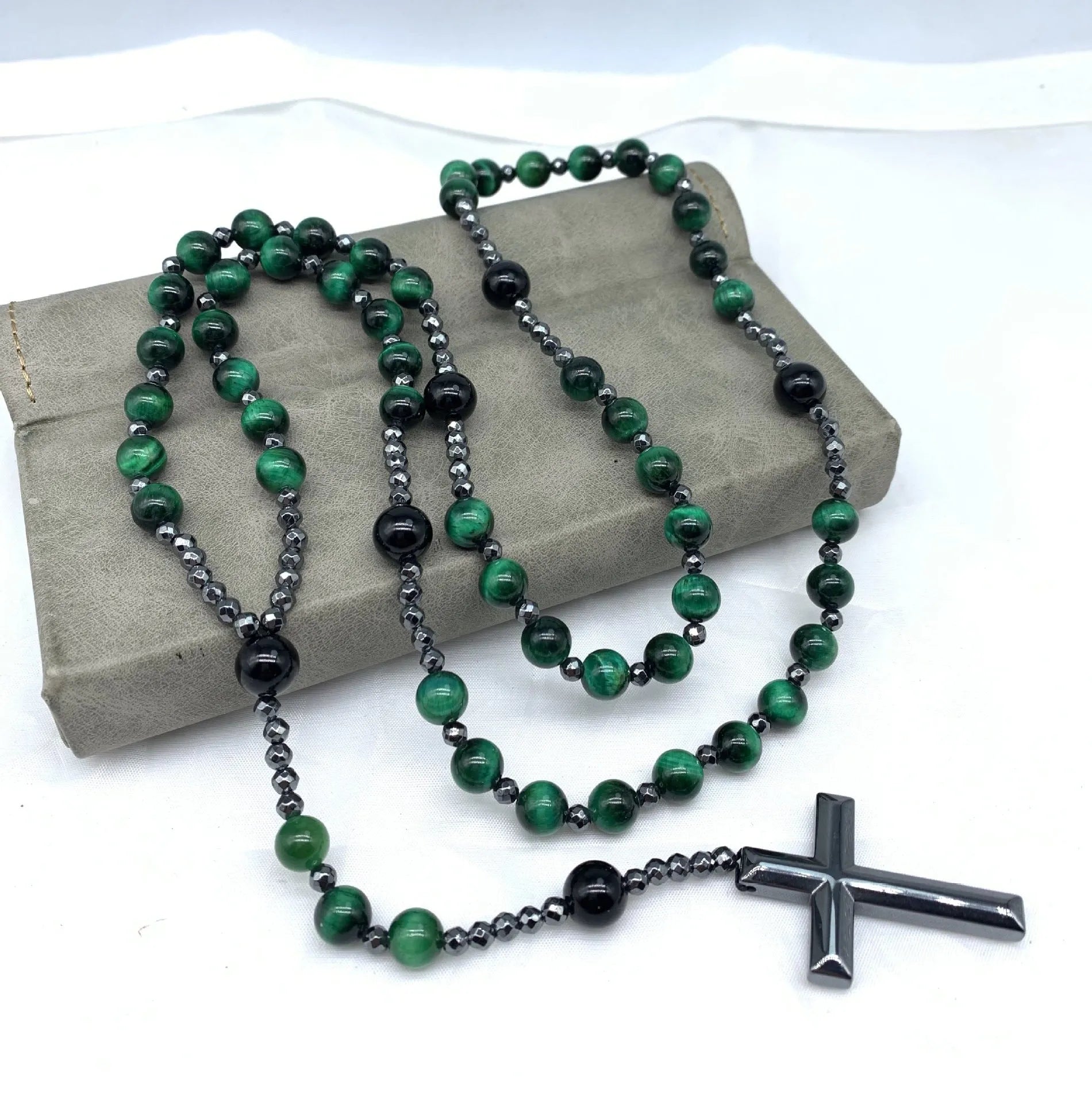 Men's stone cross pendant necklace on 80cm ball bead chain with safety lock clasp