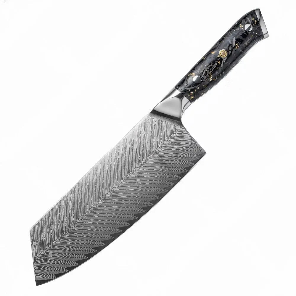 Eight-piece Damascus steel kitchen knife set showing fishbone pattern blades on a wooden surface.