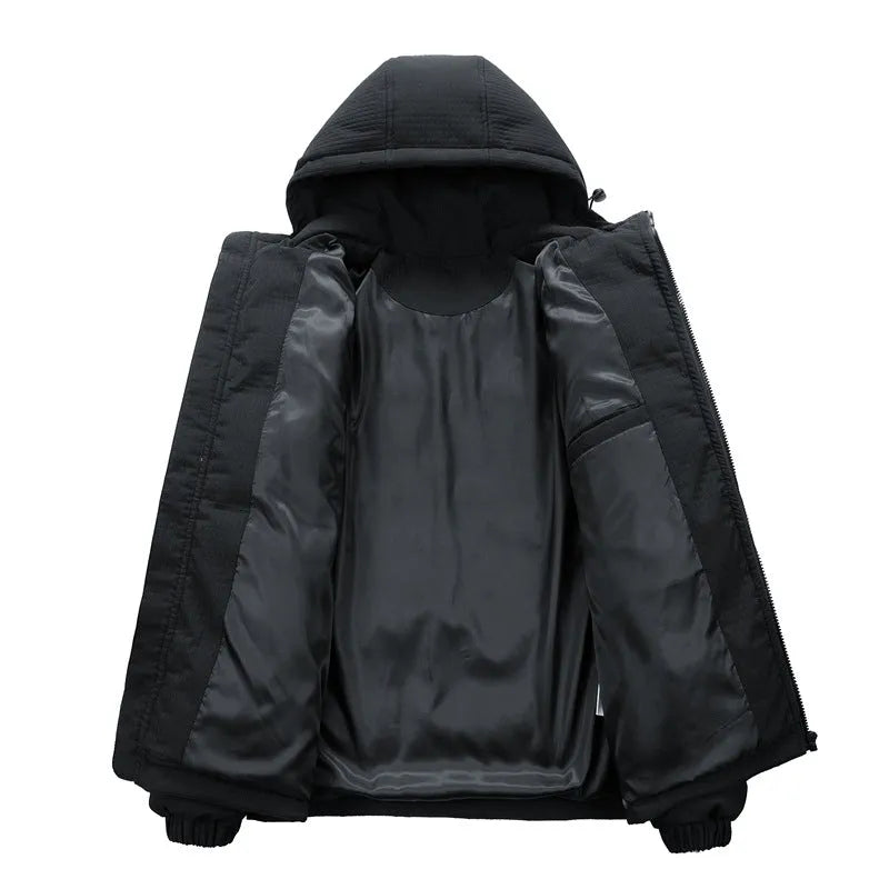 Men's black cotton-padded winter coat with hood and white letter print detailing, Korean streetwear style