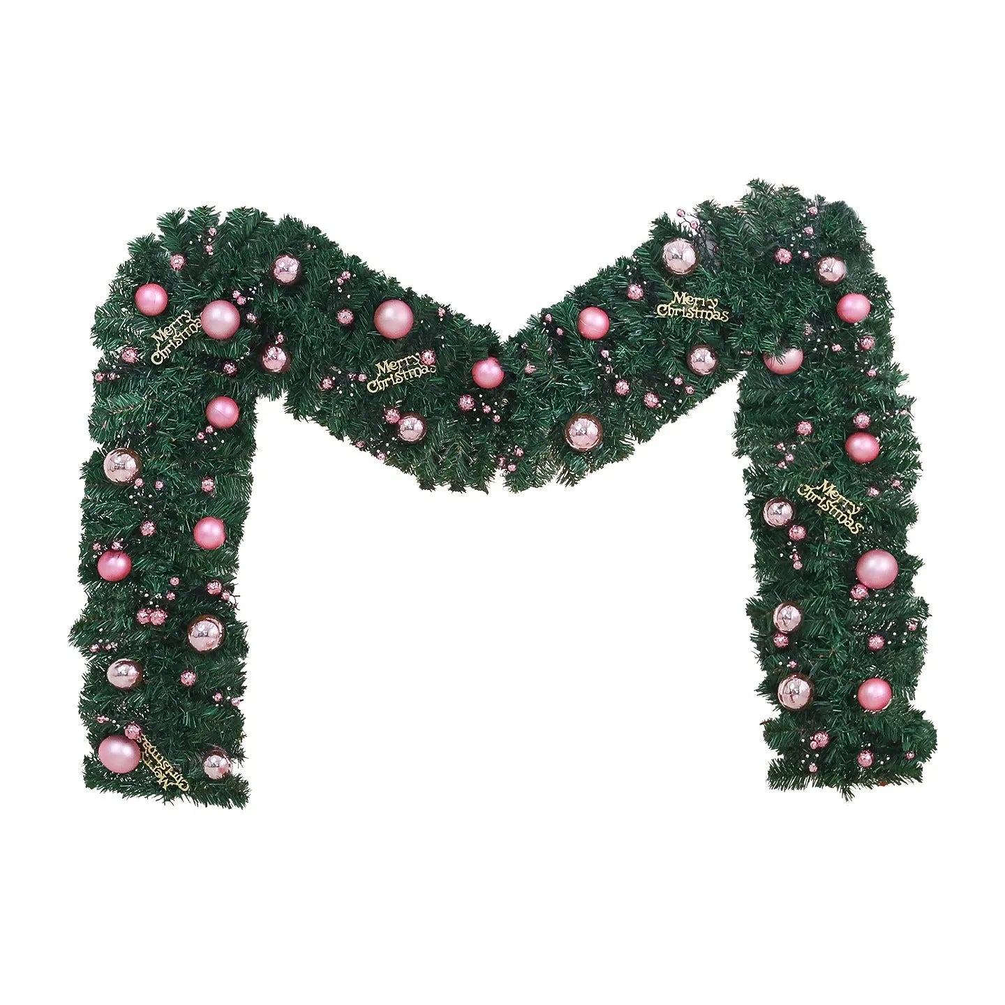 2.7 metre long pink Christmas rattan decoration with 240 decorative heads draped on a mantelpiece