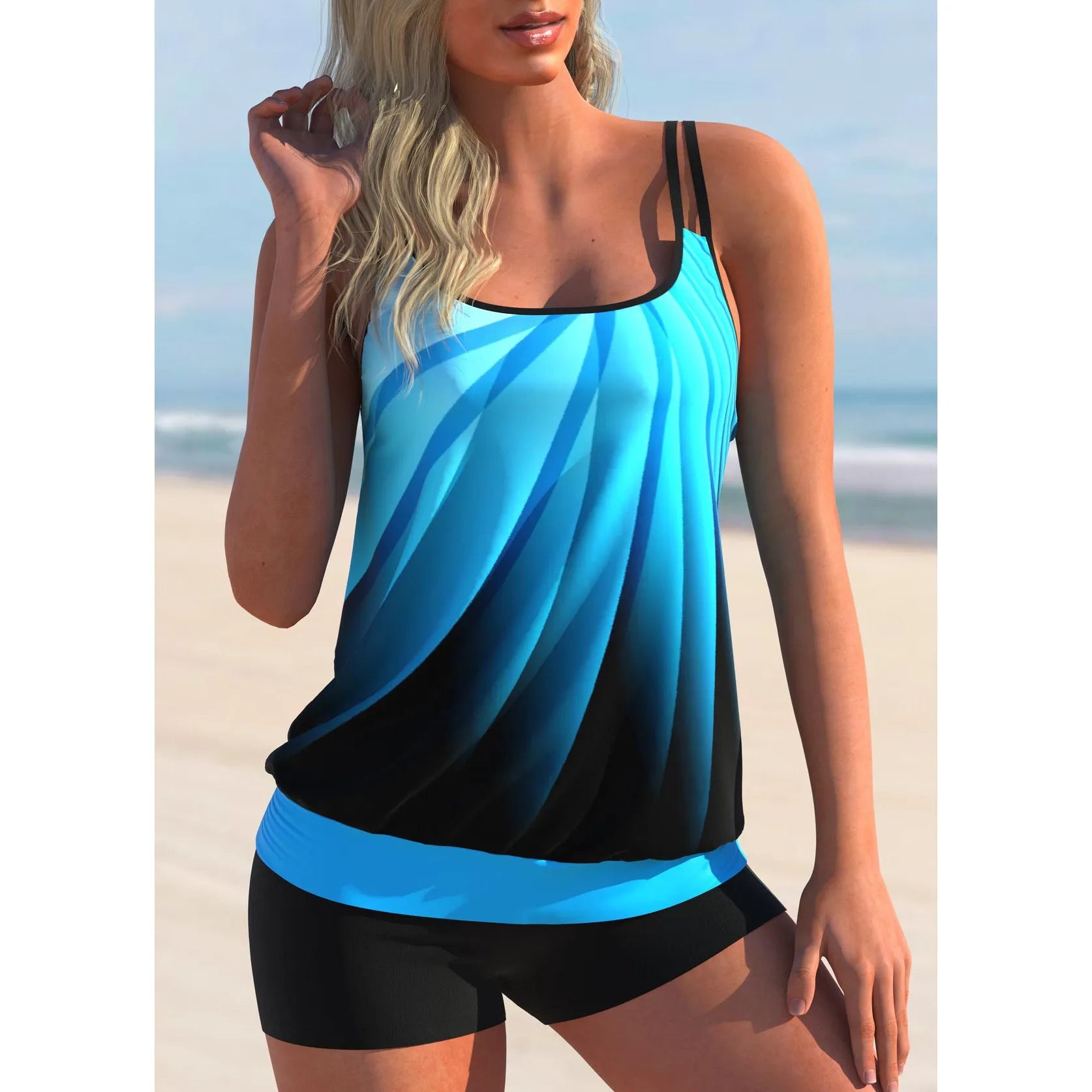 Plus size women's swimsuit set with strapped top and beach shorts in butterfly print pattern