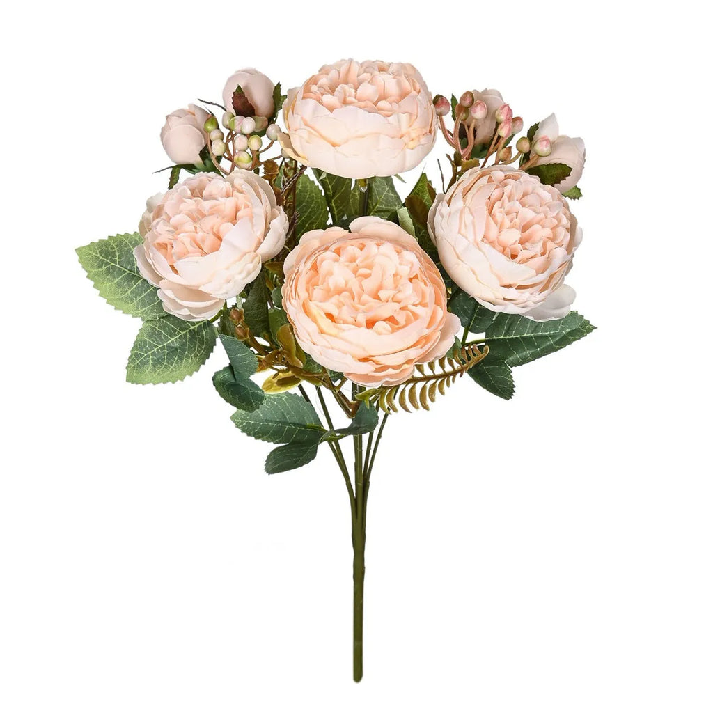 Artificial silk peony flower bouquet in Champagne gold and Sand Red terracotta colours for home decoration.