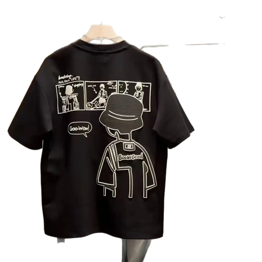 Men's black and white cotton short sleeve t-shirt with cartoon print, showing crew neck and straight cut.