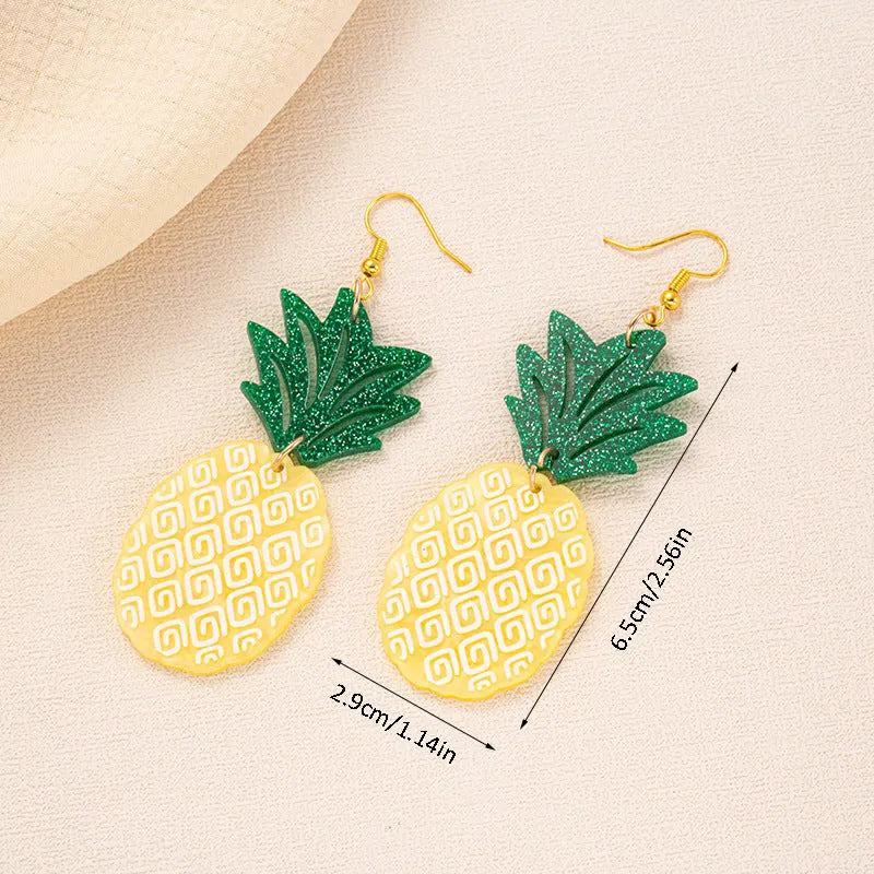 Acrylic drop earrings with coconut and jackfruit design on the ear hook in one of five styles.