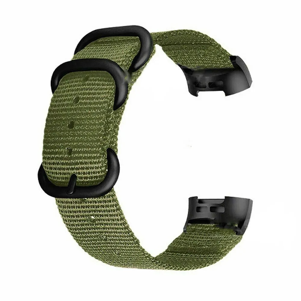 Nylon three-ring buckle replacement strap for Fitbit Charge 2, 3, 4, and 5 fitness trackers in multiple colours