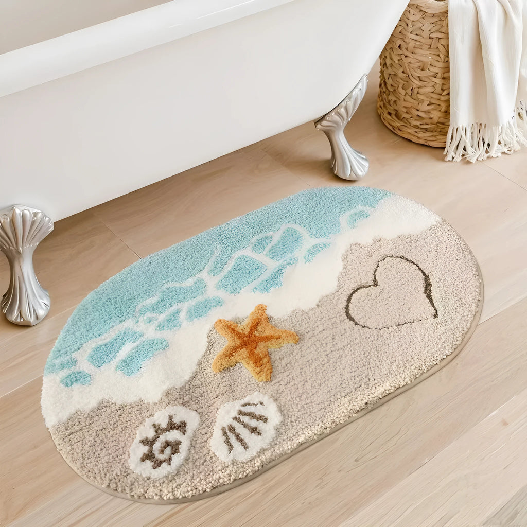 Rainbow pattern floor mat in sky blue and white colours with a flat polyester pile and plastic backing.