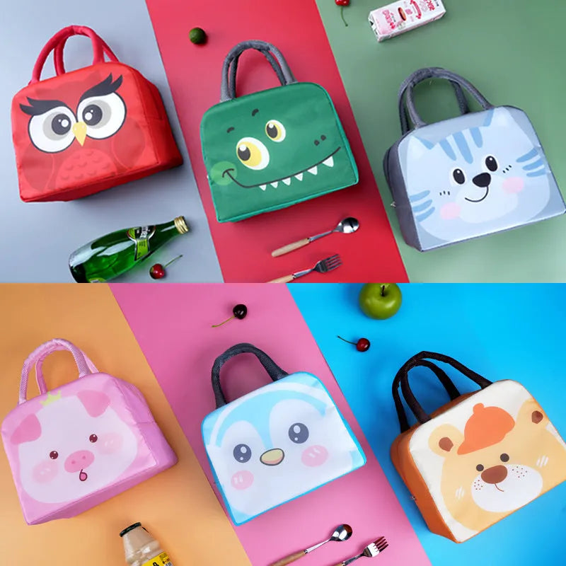 Cartoon insulated lunch box bag for children in orange bear design with aluminium foil insulation.