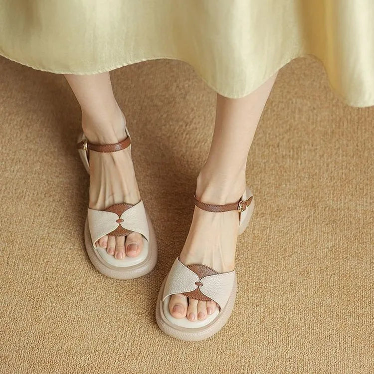 Women's beige chunky heel platform sandals with open toe and renewable leather upper.