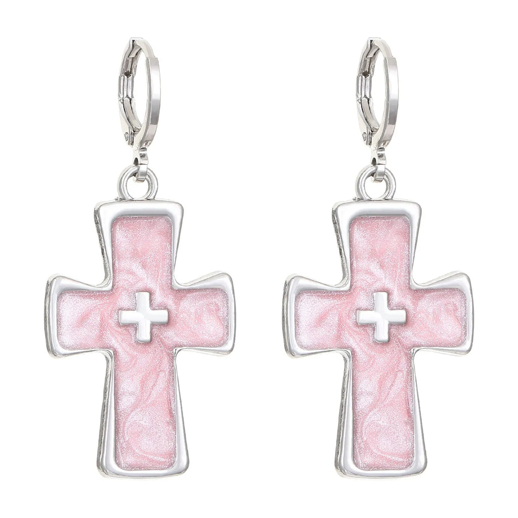Women's classic alloy earrings with cross crystal design in five colour options on display