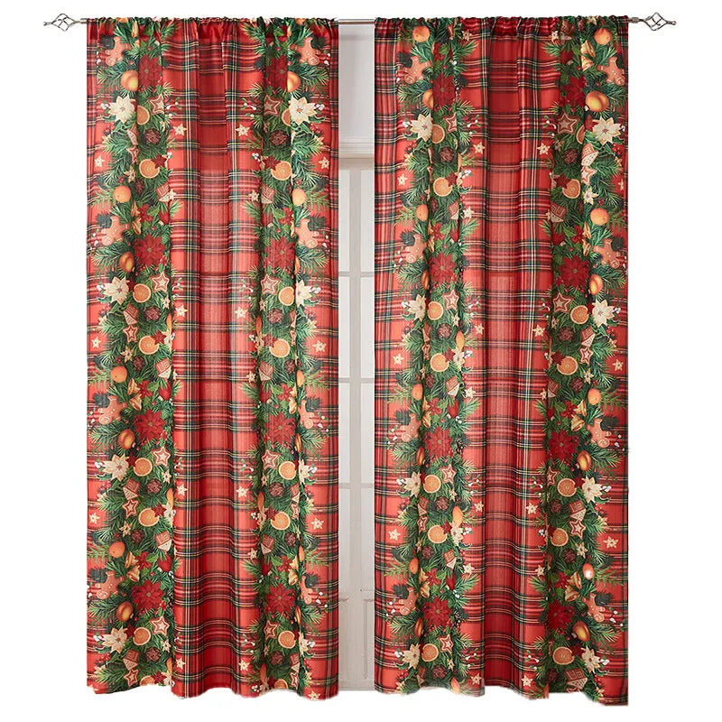 Rectangular red and blue Christmas printed curtain with semi-shade function.