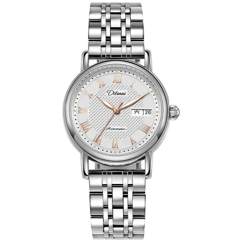 Women's automatic mechanical watch with 12mm case on steel belt and leather strap in various colours.