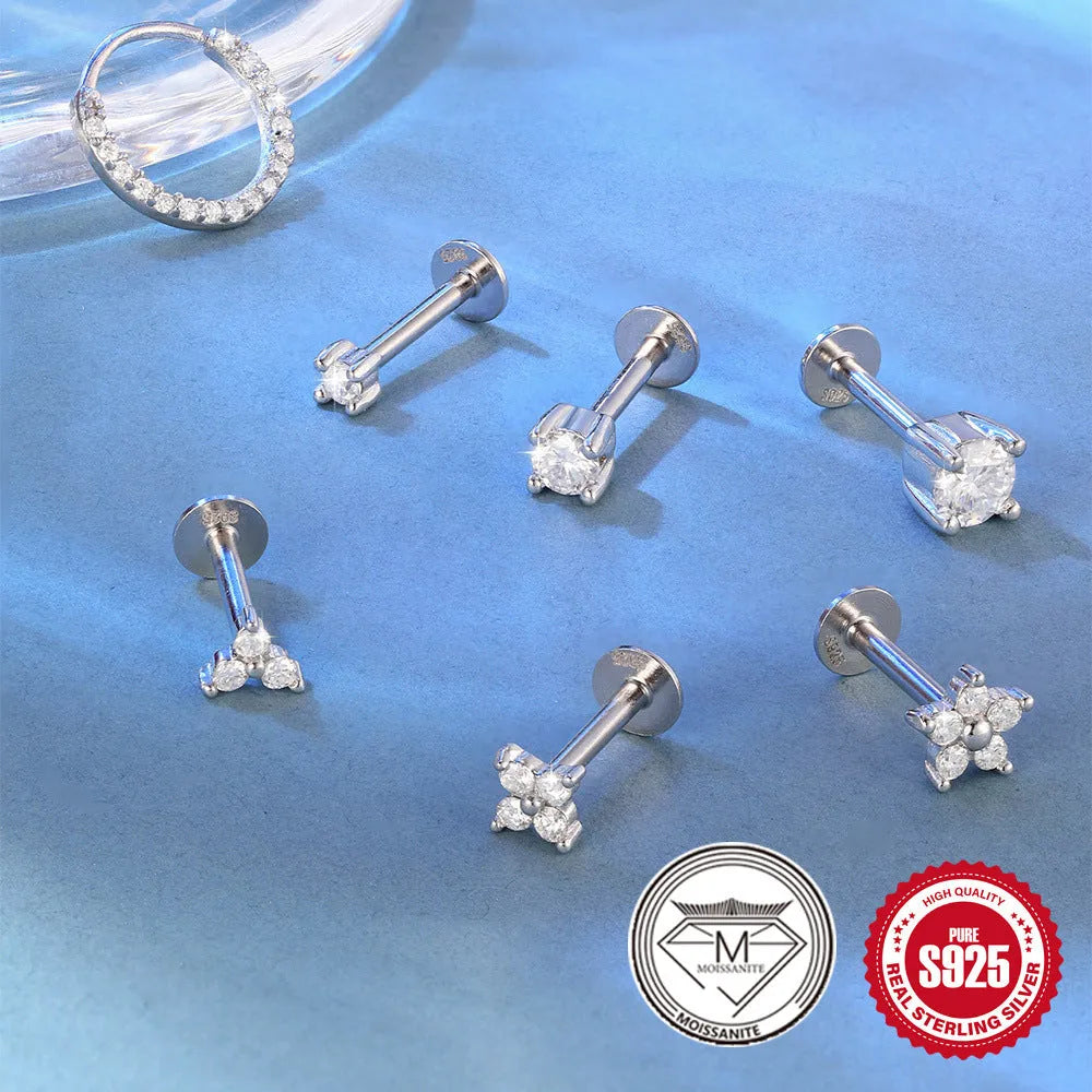 S925 sterling silver stud earrings with geometric petal diamond design in platinum finish.