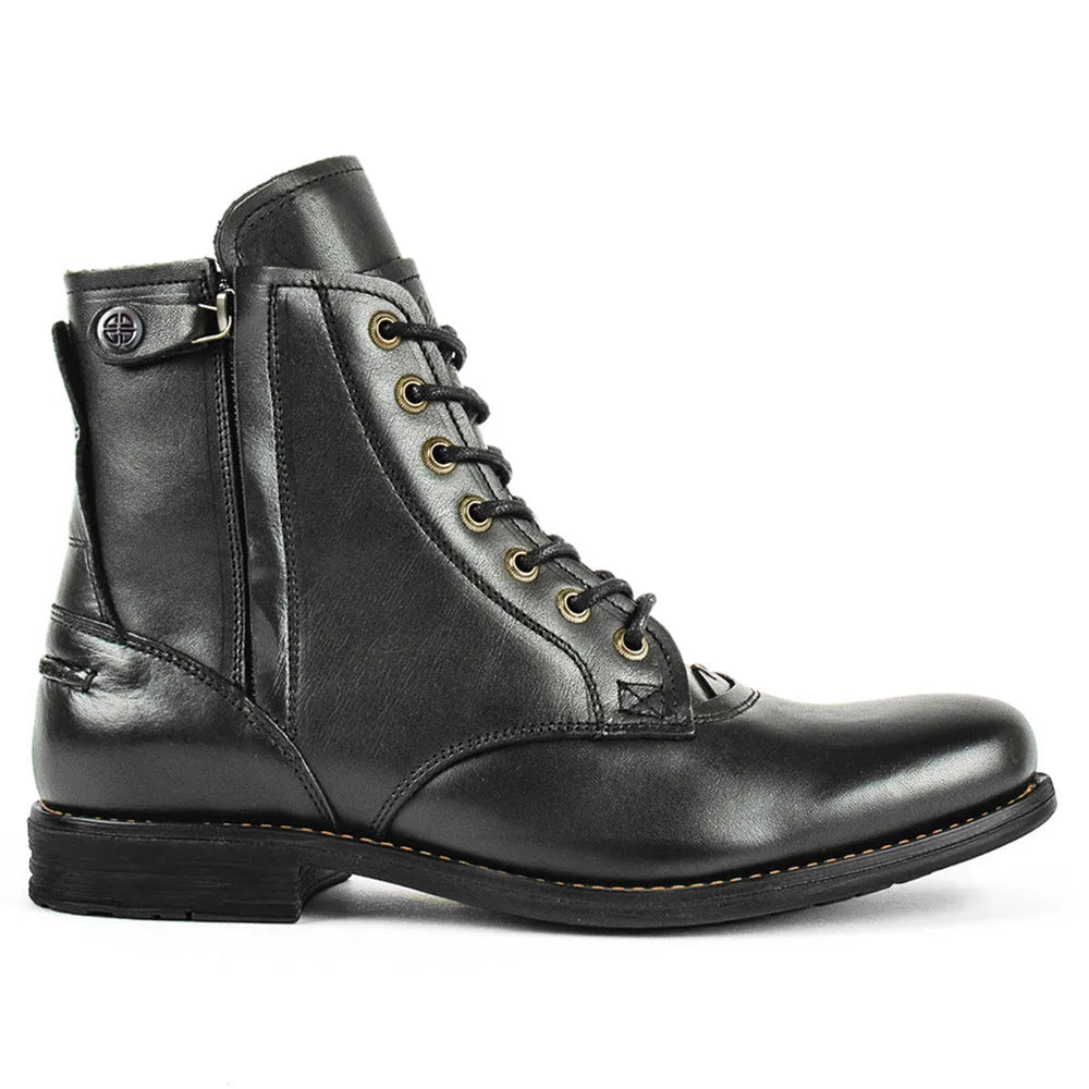 Men's black and brown two-tone leather ankle boots with a side zipper on a white background.