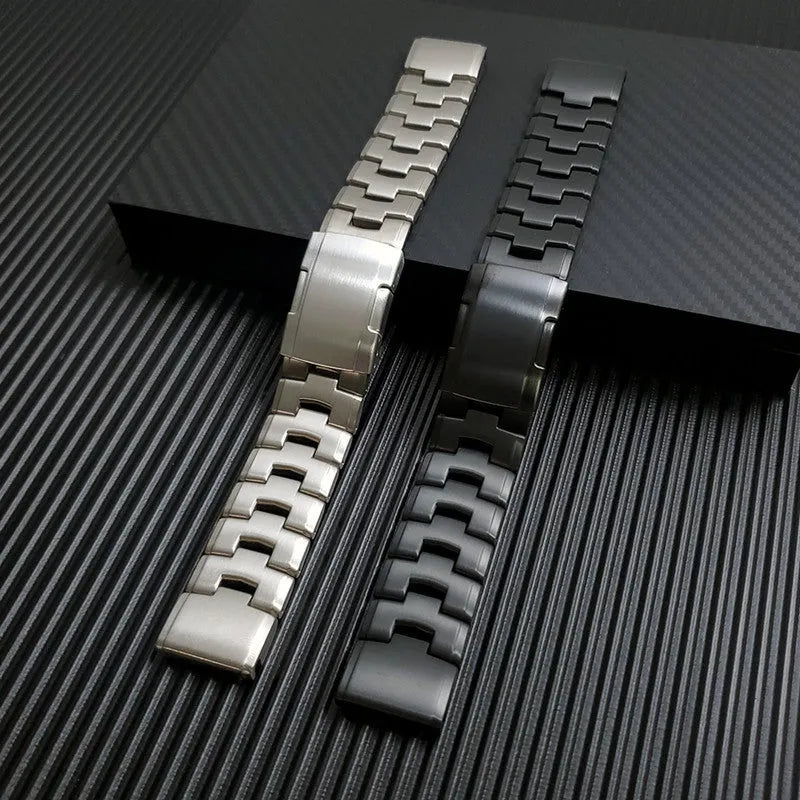 Replacement watch strap for Garmin Fenix and Jiaming smartwatches in black, silver, and titanium colours.