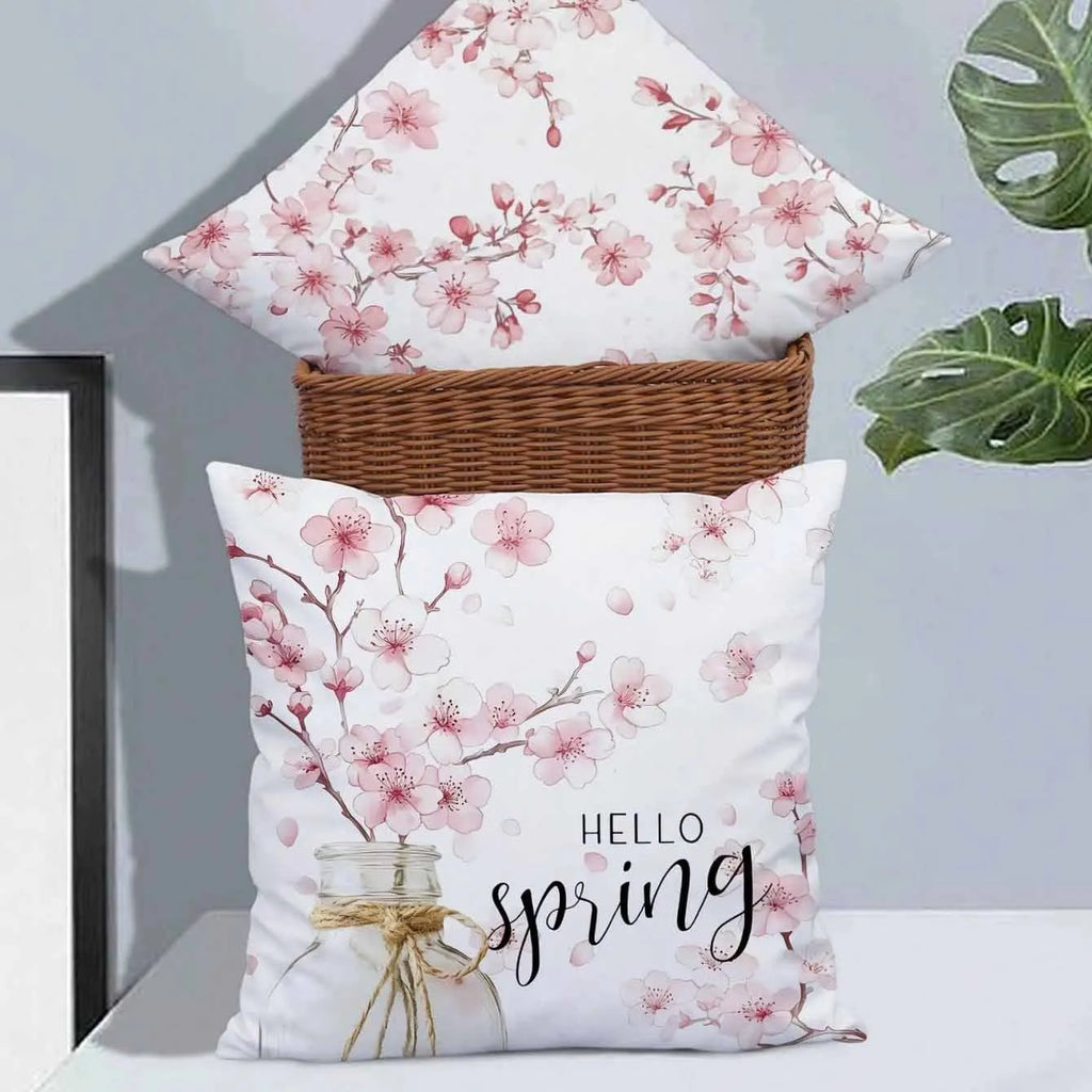 Square short velvet cushion cover with cherry blossom and letter print, 45cm size, shown in one of four HDRD192 colour options