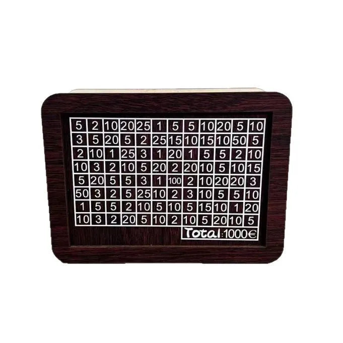 Wooden digital coin bank with LCD display showing savings counter in retro nostalgic design