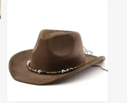 Brown leather velvet cowboy hat with curved brim and conical crown on a wooden post.